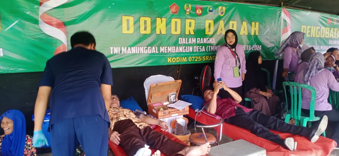 Buka TMMD REG ke-119 Kodim 0725/Sragen gelar Donor Darah dan Pengobatan Massal.