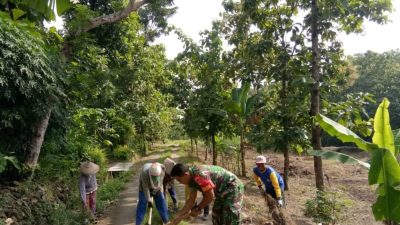 Babinsa Penggerak Gotong Royong Pimpin Warga Bersihkan Rumput Liar Di Sepanjang Jalan Desa