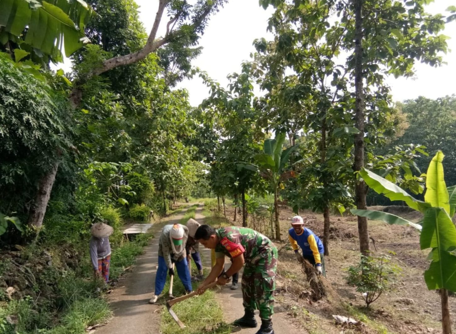 Babinsa Penggerak Gotong Royong Pimpin Warga Bersihkan Rumput Liar Di Sepanjang Jalan Desa